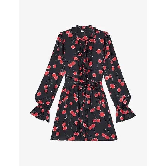 The Kooples NEW Cherry Print Woven Mini Dress Black/Red Size FR 0/US XS MSRP$465